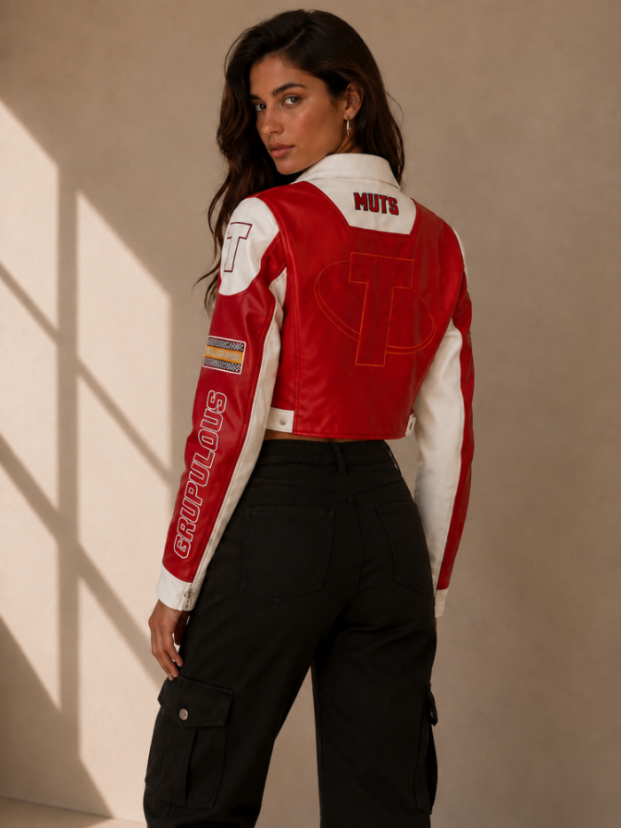 Jacket δερμάτινης όψης με κεντήματα και patches-Κόκκινο