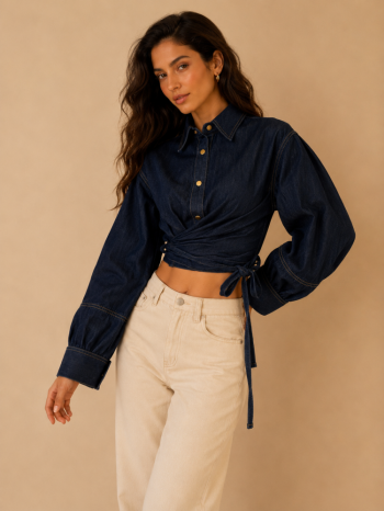 Denim πουκάμισο με δέσιμο στη μέση και στους καρπούς