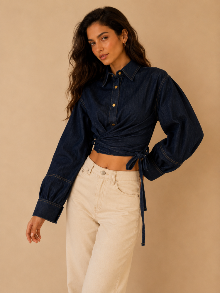Denim πουκάμισο με δέσιμο στη μέση και στους καρπούς