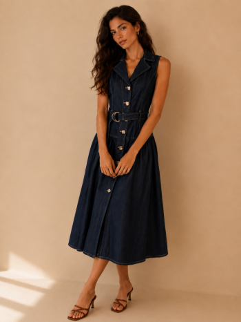 Denim midi φόρεμα με ζώνη και κουμπιά 