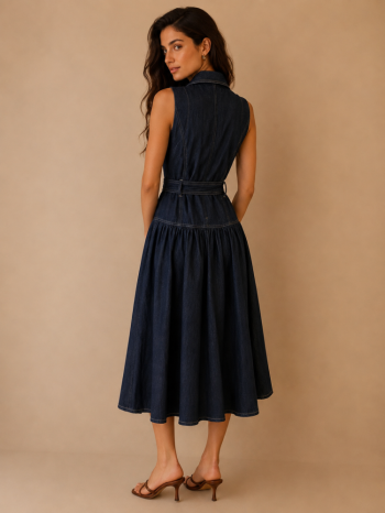 Denim midi φόρεμα με ζώνη και κουμπιά 
