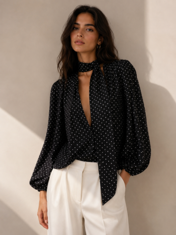 Μαύρο πουκάμισο με διακριτικό polka dot σχέδιο και φουλάρι